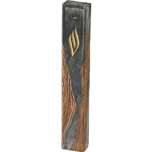 Picture of Polyresin Epoxy Mezuzah Case Rectangle Shape Wood Look Accent Gold Shin Gray 15cm